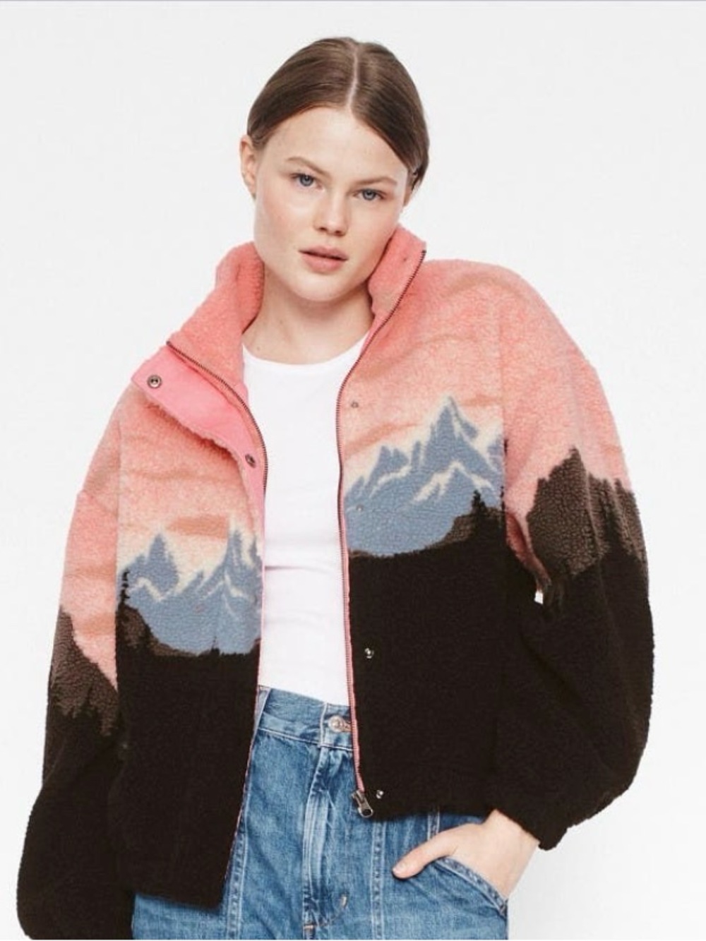 Spiritual Gangster Pink Mountain Graphic Teddy Jacket